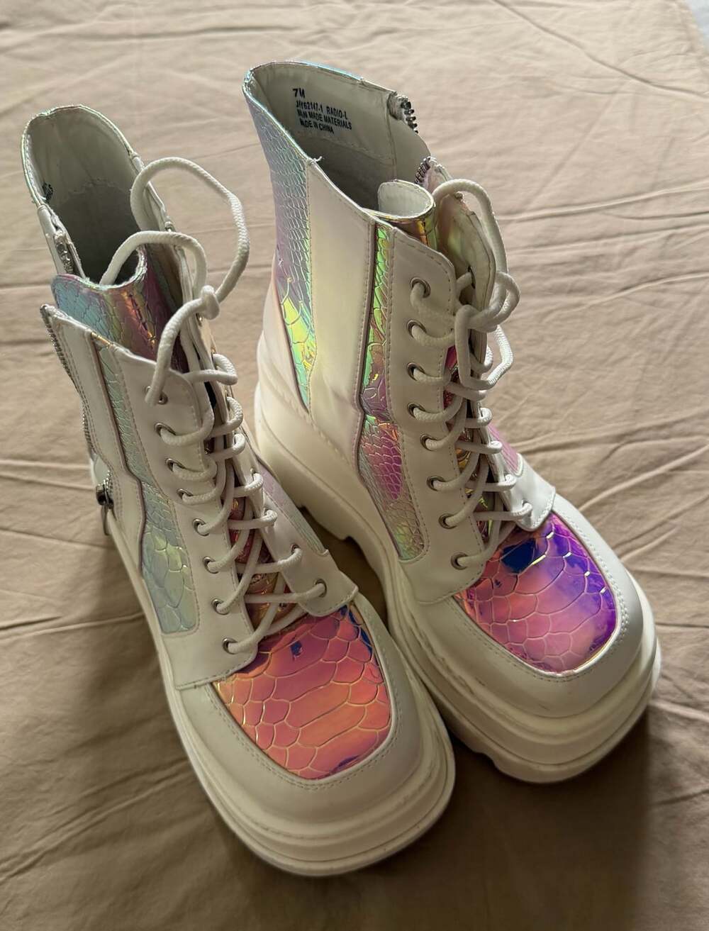 Cape Robbin Radio Holographic Platform Ankle Chunky Block Heels Boots White